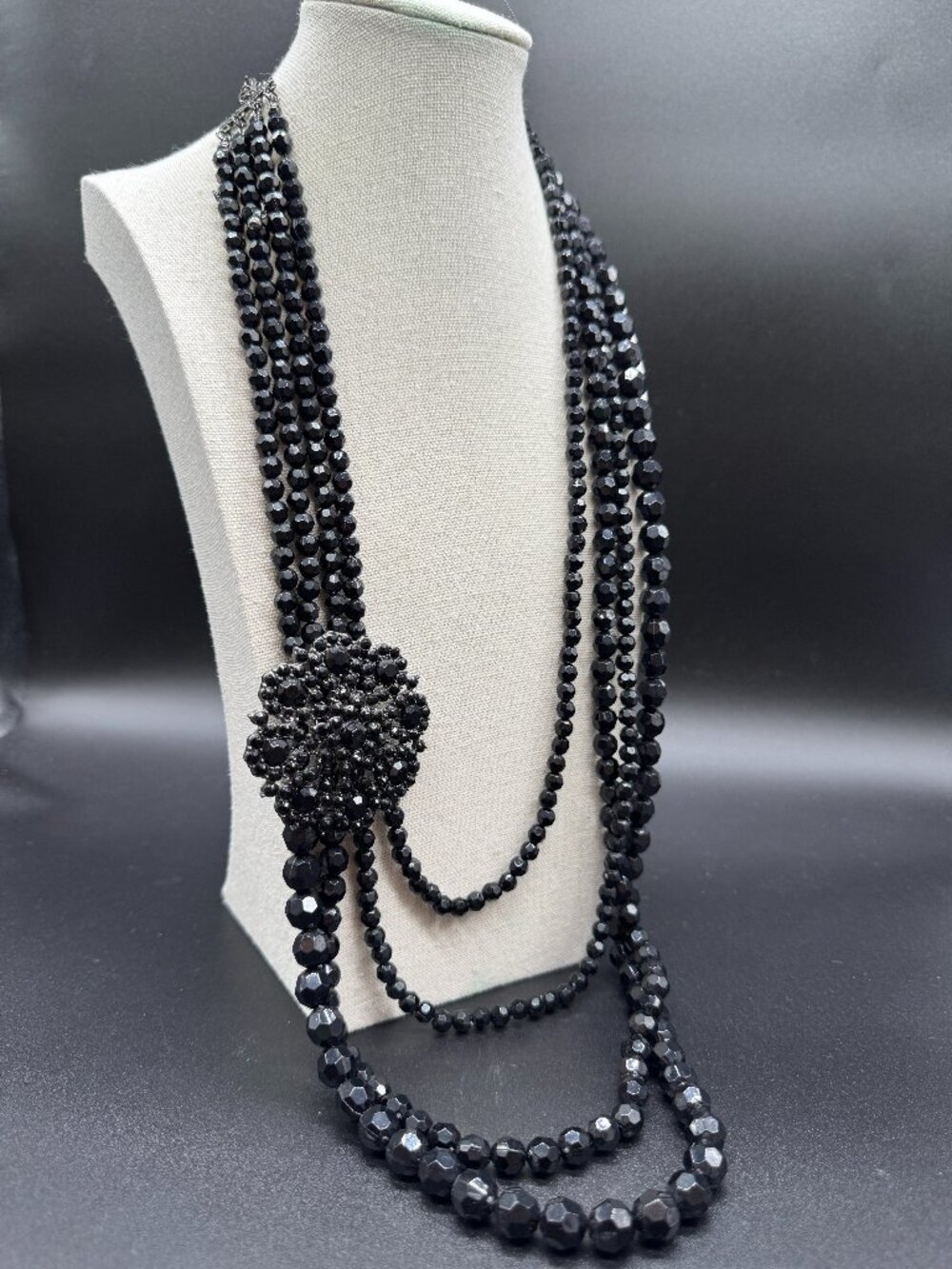 Statement Long Necklace Black Beads Lucite 4 Strands & Pendant 32 inches